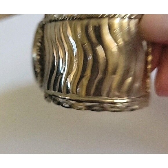 Natural Prehnite Statement Wide Cuff Bangle Bracelet Brass Tone - Picture 5 of 9